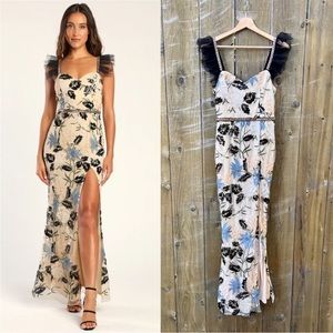 Cream Embroidered Sequin Bodycon Art Deco Maxi Dress 🌿